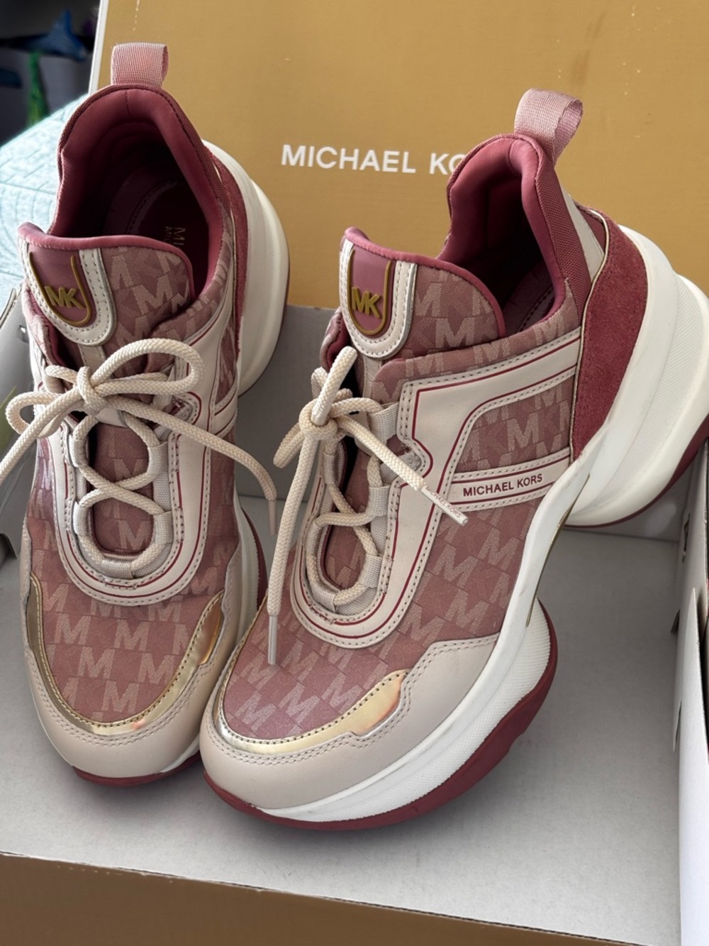 Michael Kors Blush Pink and Gold Olympia Trainer Platform Sneakers - Picture 2 of 8